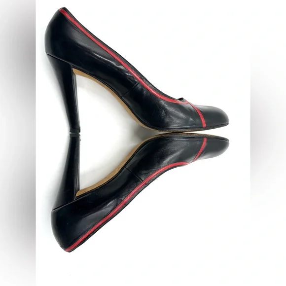 Vintage YSL Yves Saint Laurent Paris Shoes Black High Heel Pumps Red Trim 10 - Picture 7 of 11